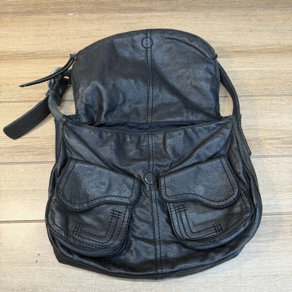 Lucky Brand Vintage Black Stash Fold Over Lamb Leather Purse Bag Lamb Leather